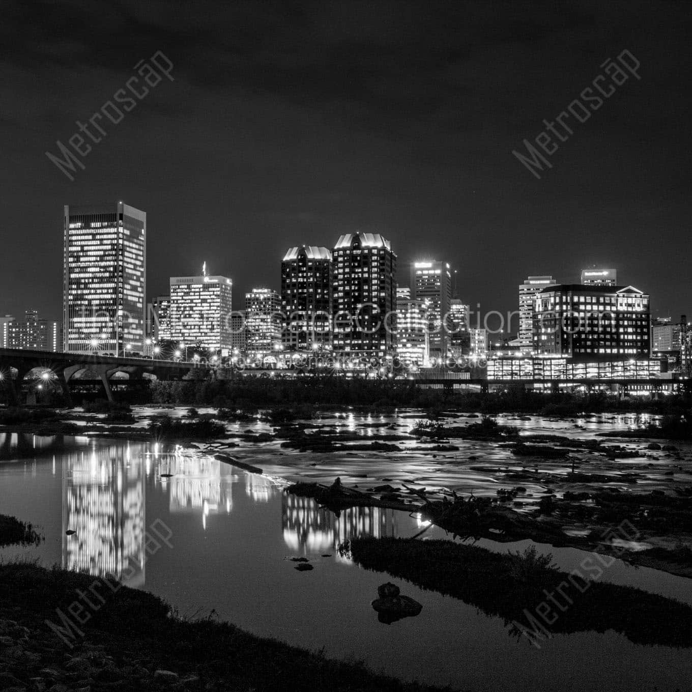 richmond virginia skyline at night over james river Black & White Office Art