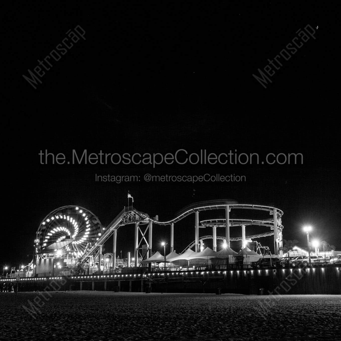 santa monica pier at night Black & White Office Art