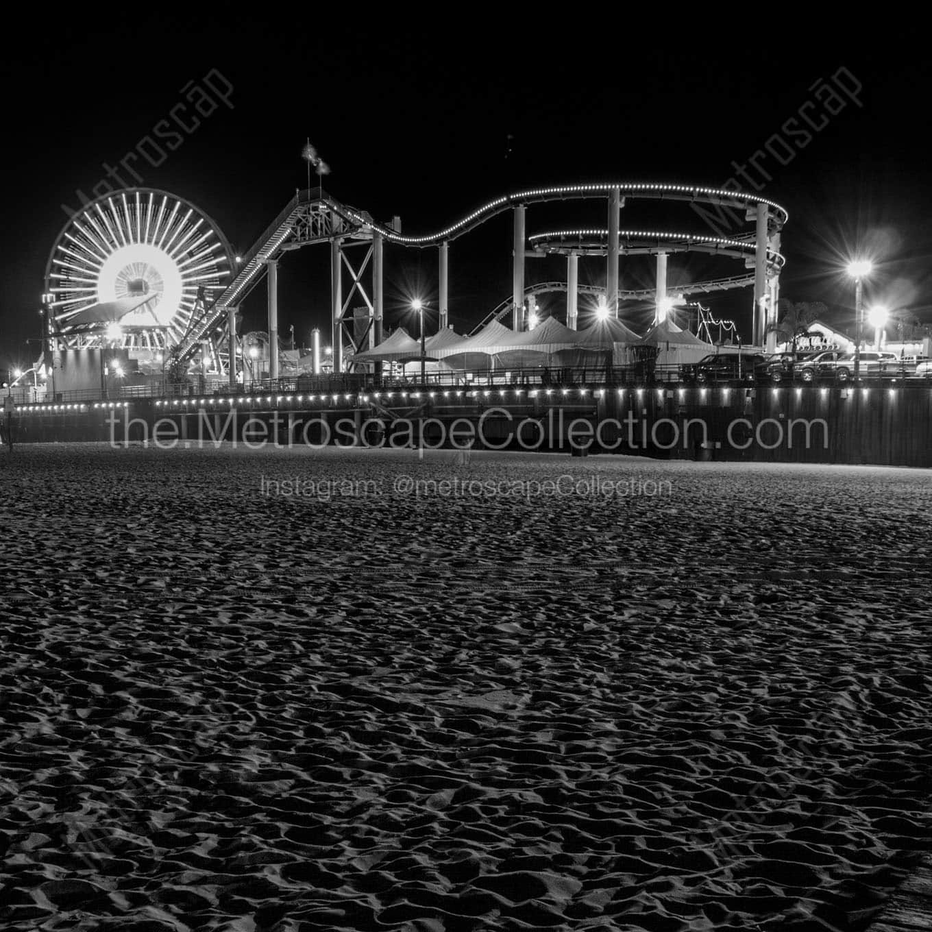 santa monica pier at night pacific park Black & White Office Art