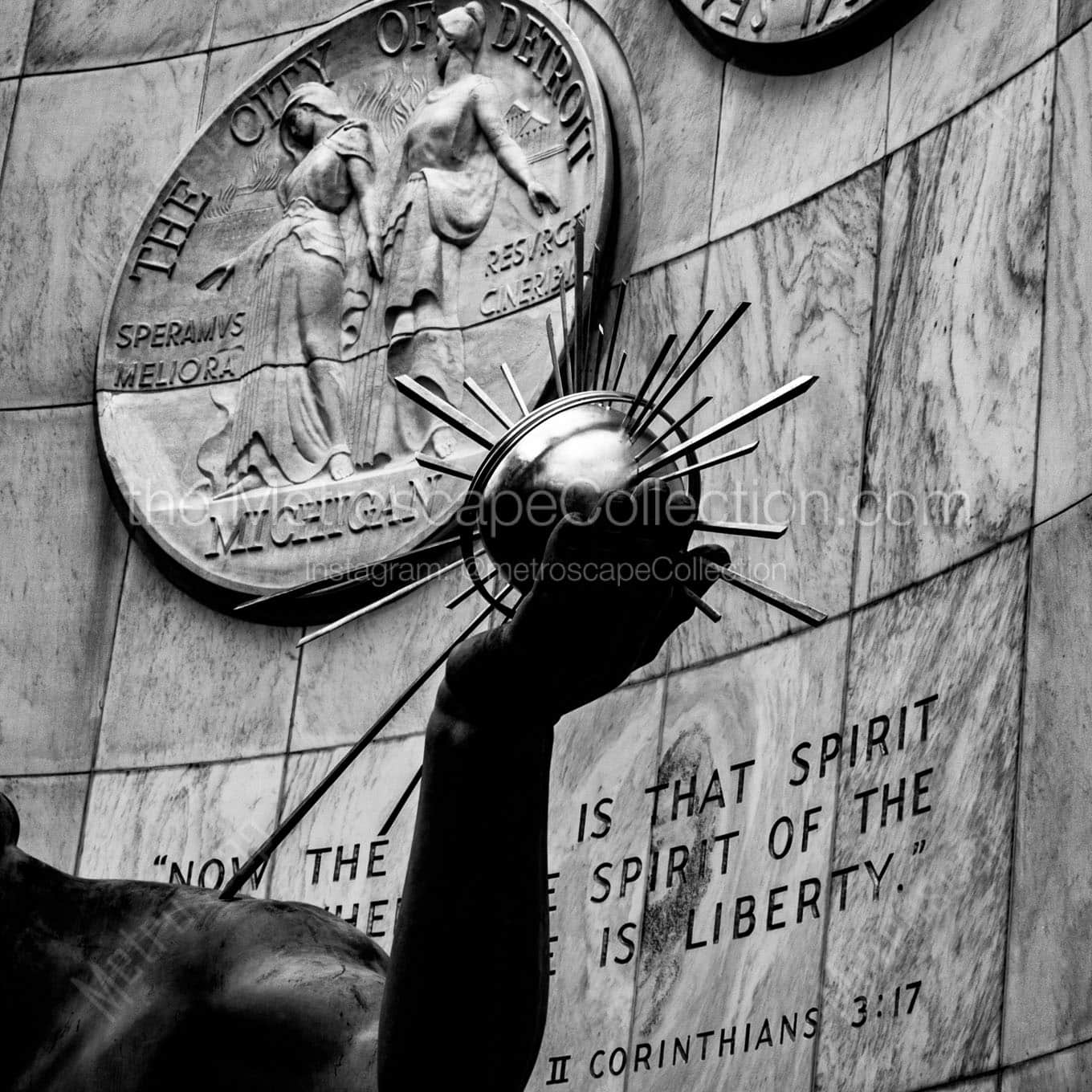 scripture on spirit of detroit statue Black & White Office Art