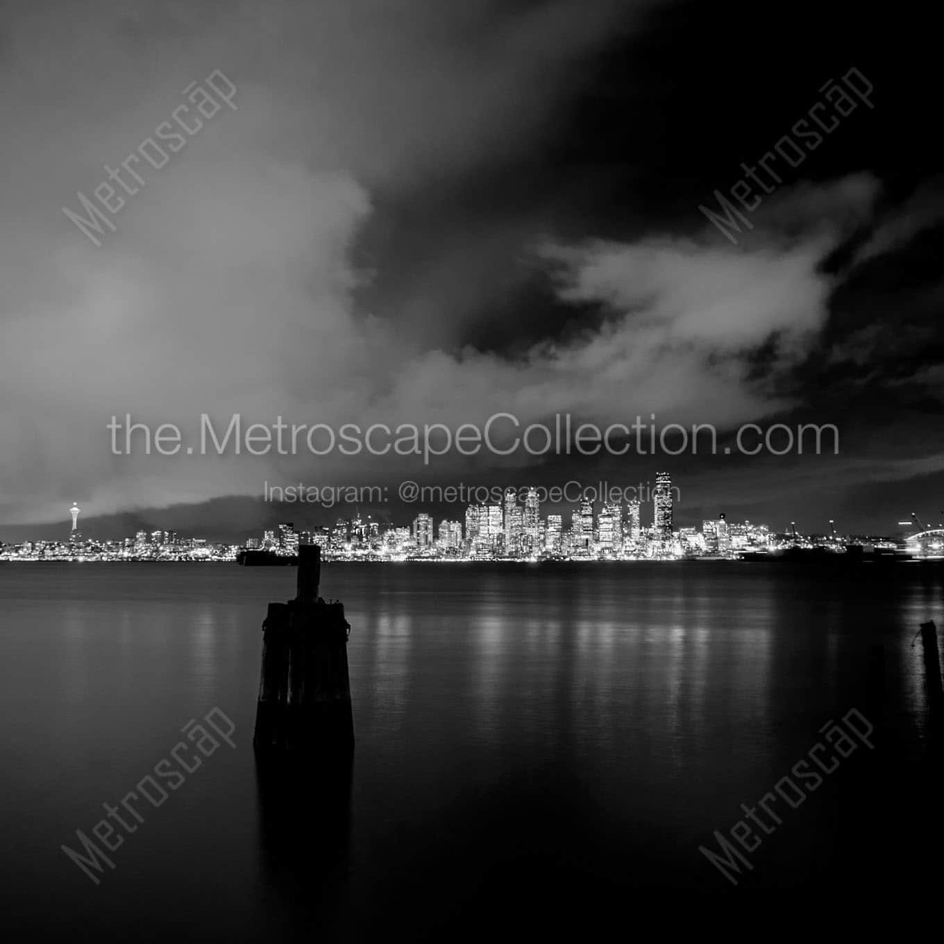 seattle city skyline at night Black & White Office Art