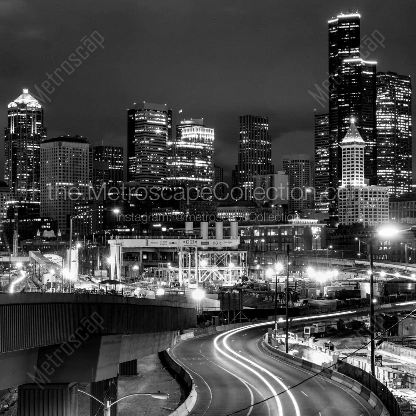 seattle skyline over alaskan way Black & White Office Art