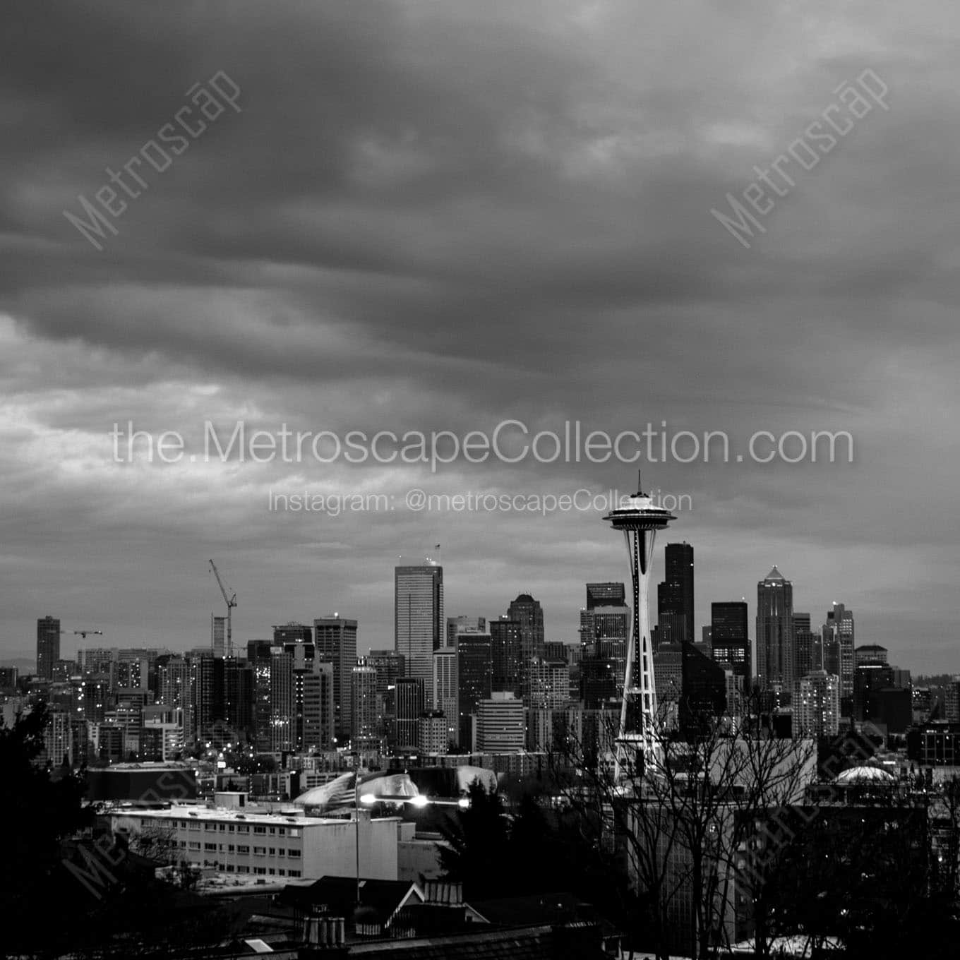 seattle skyline queen anne hill Black & White Office Art