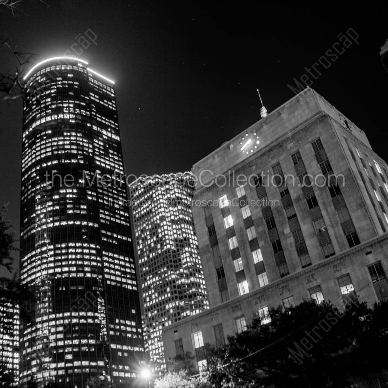 shell building and houston city hall at night Black & White Wall Art