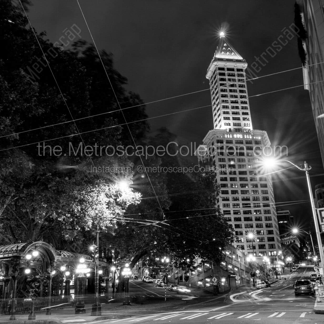 smith tower pioneer square at night Black & White Office Art