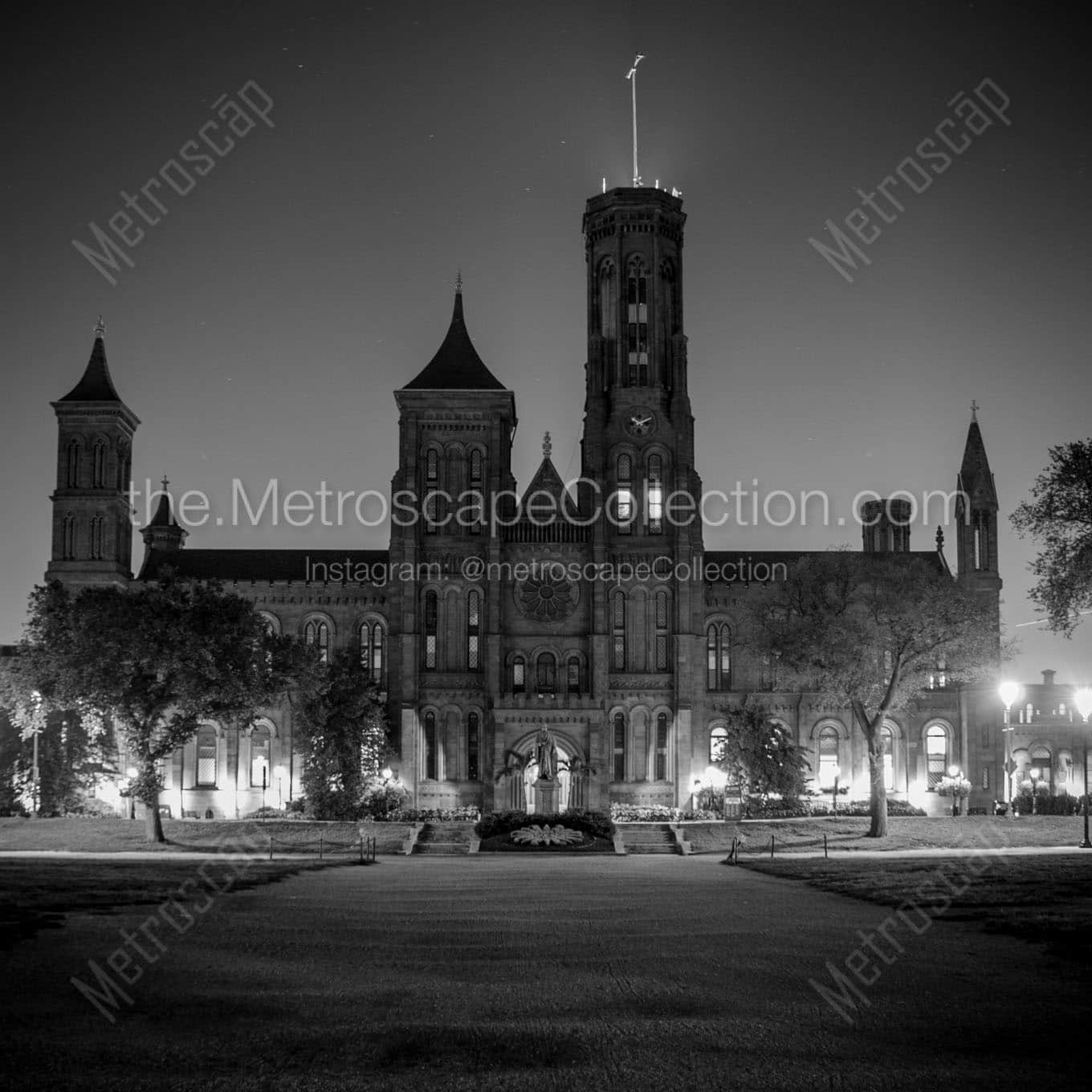 smithsonian castle at night Black & White Office Art