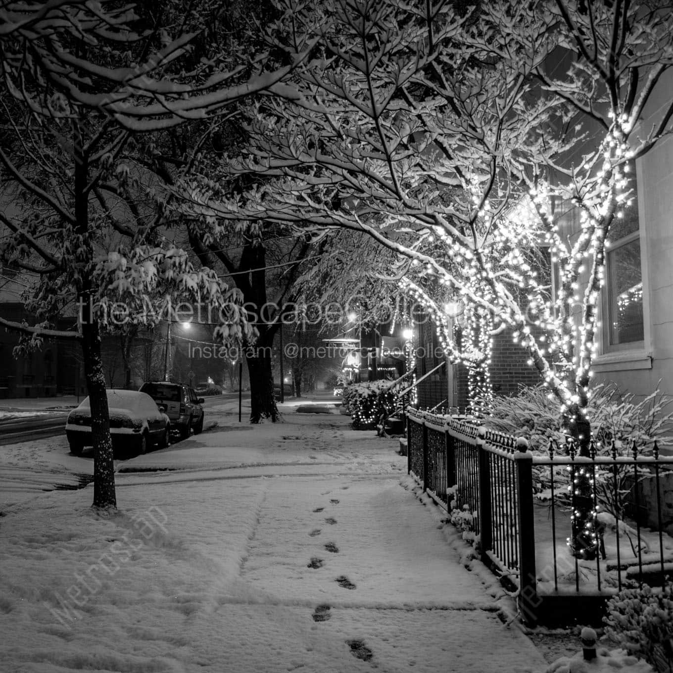 snowy german village brick sidewalk Black & White Office Art