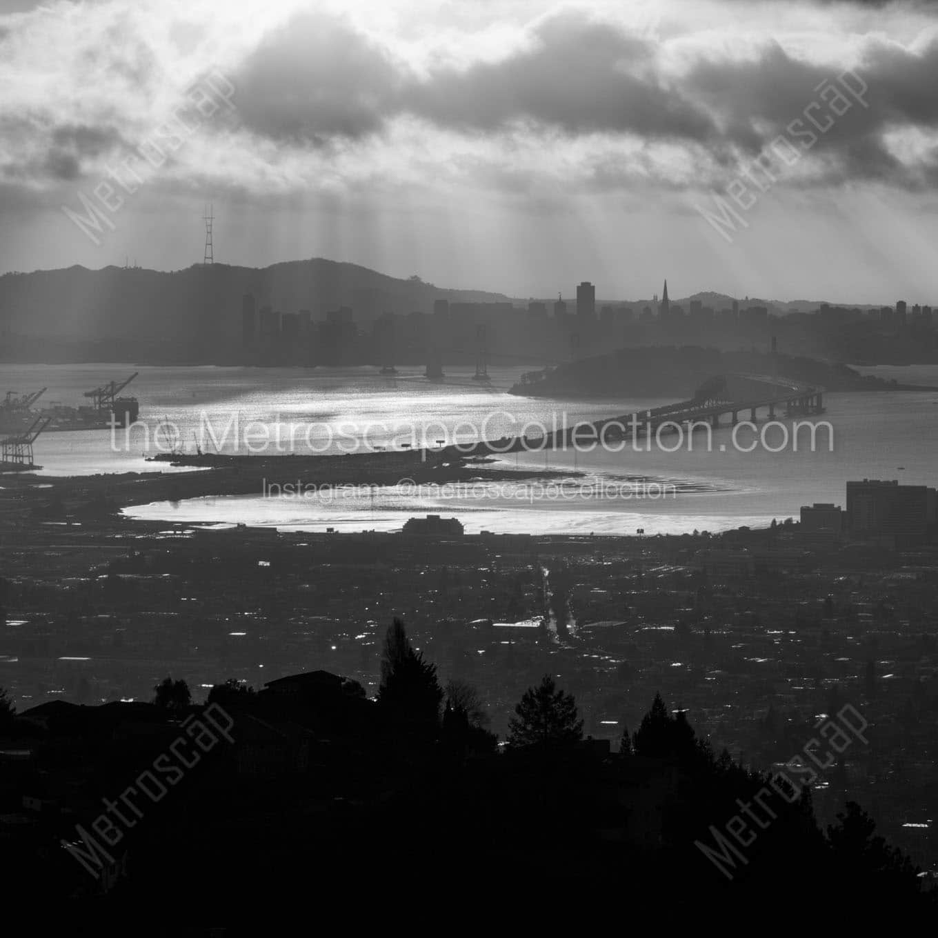 sun rays over san francisco bay Black & White Office Art