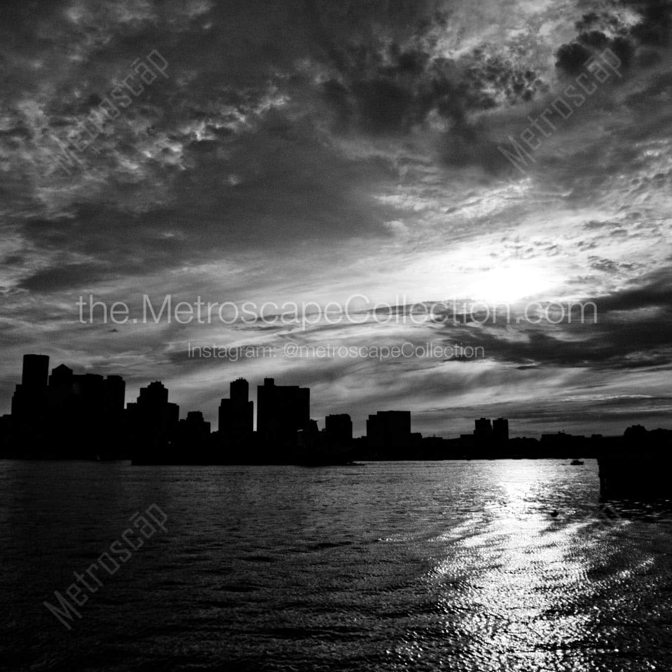 sunset behind boston skyline Black & White Office Art