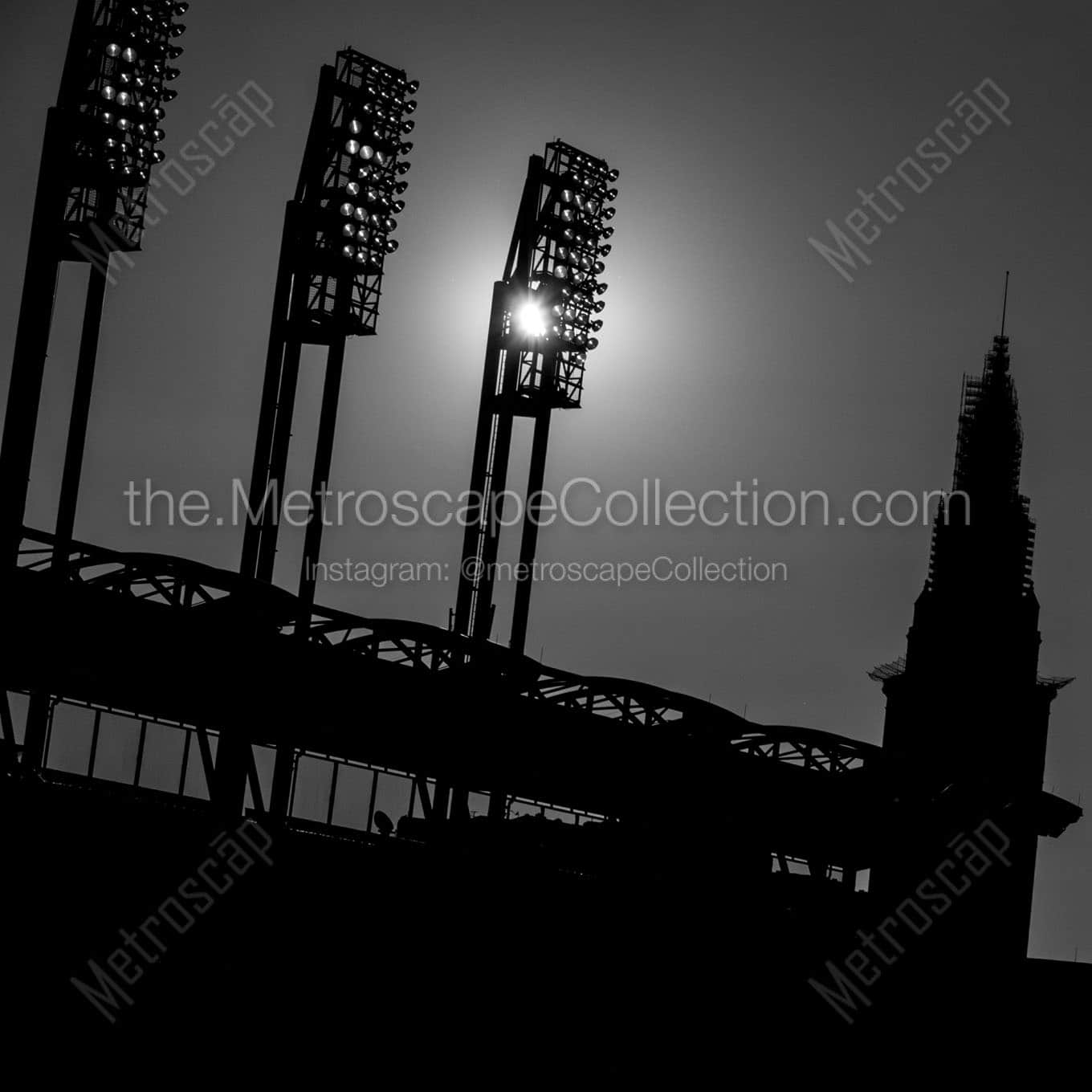 sunset through jacobs field lights Black & White Office Art