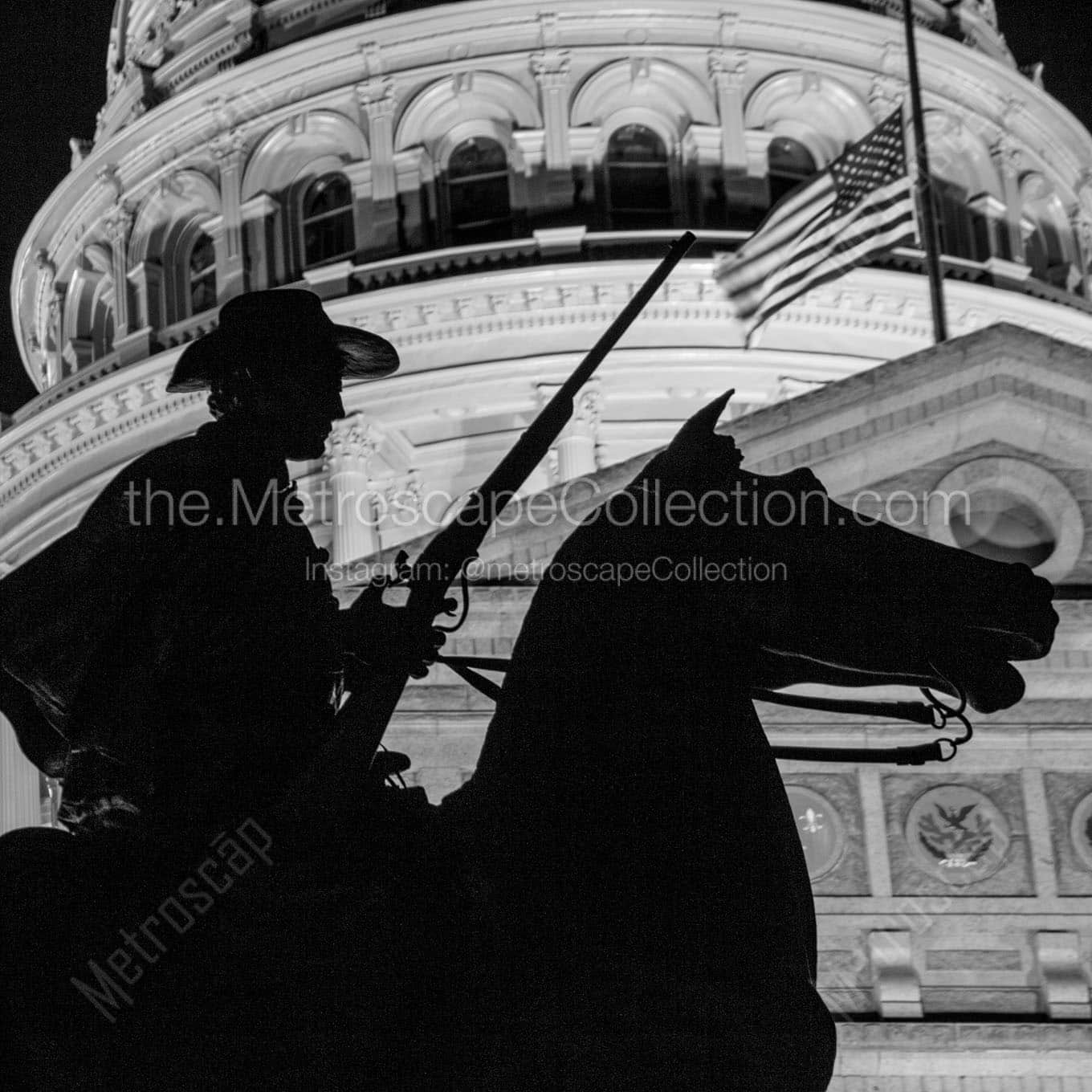 texas ranger statue with texas statehouse behind Black & White Office Art