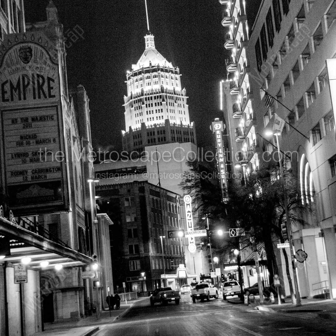 tower life building aztec theater at night Black & White Wall Art