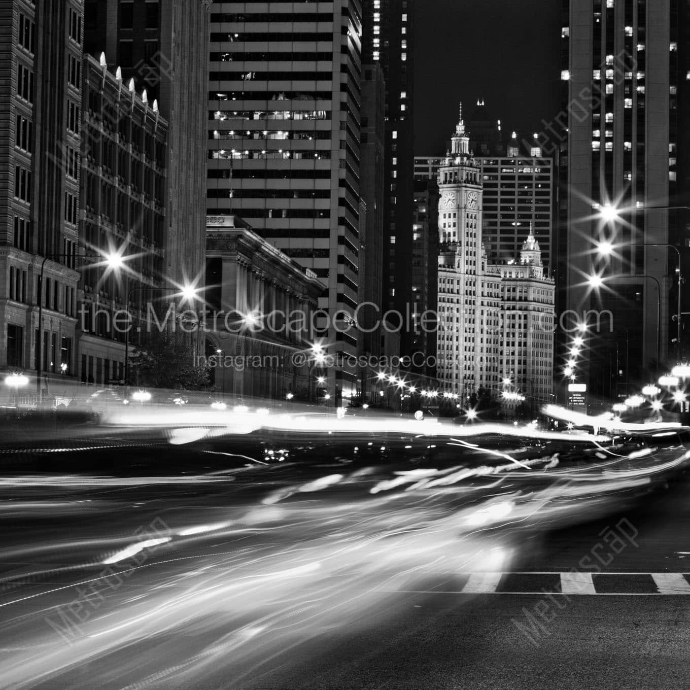 traffic on michigan avenue at night Black & White Office Art