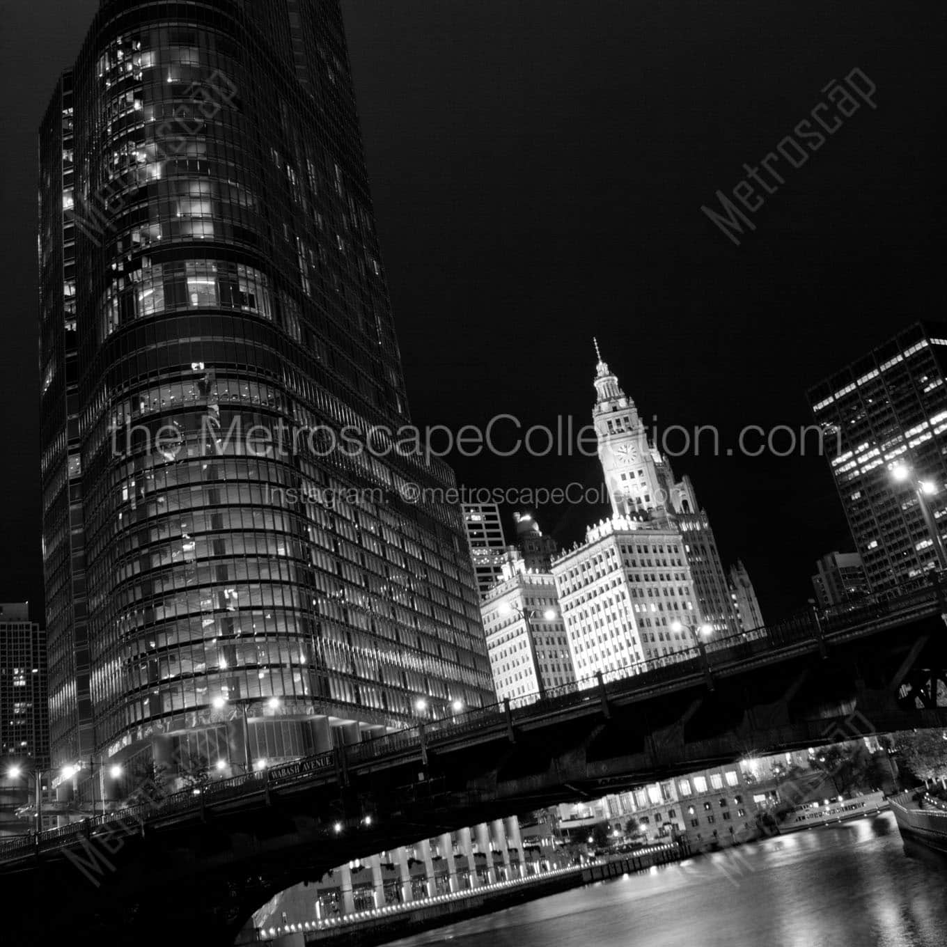 trump tower wrigley building at night Black & White Office Art
