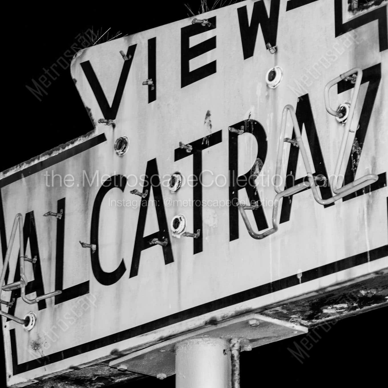 view alcatraz sign fishermans wharf Black & White Office Art