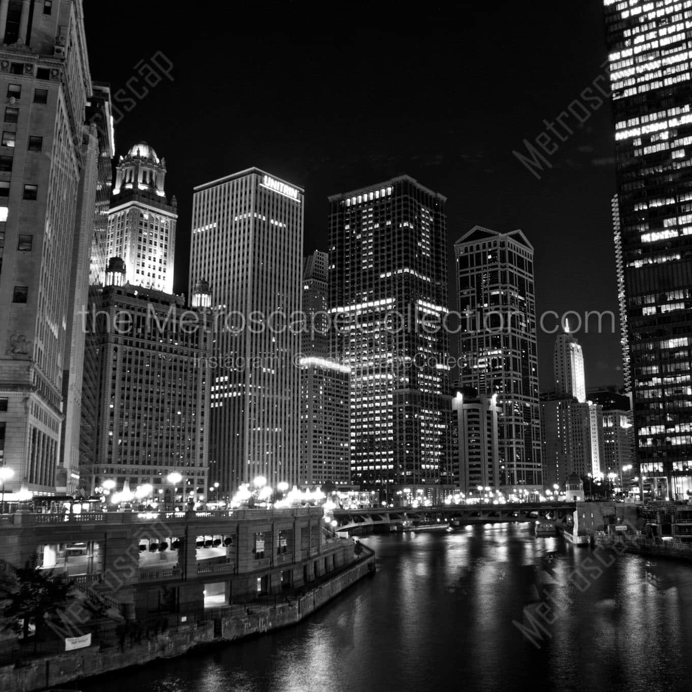 wacker drive chicago riverwalk at night Black & White Office Art
