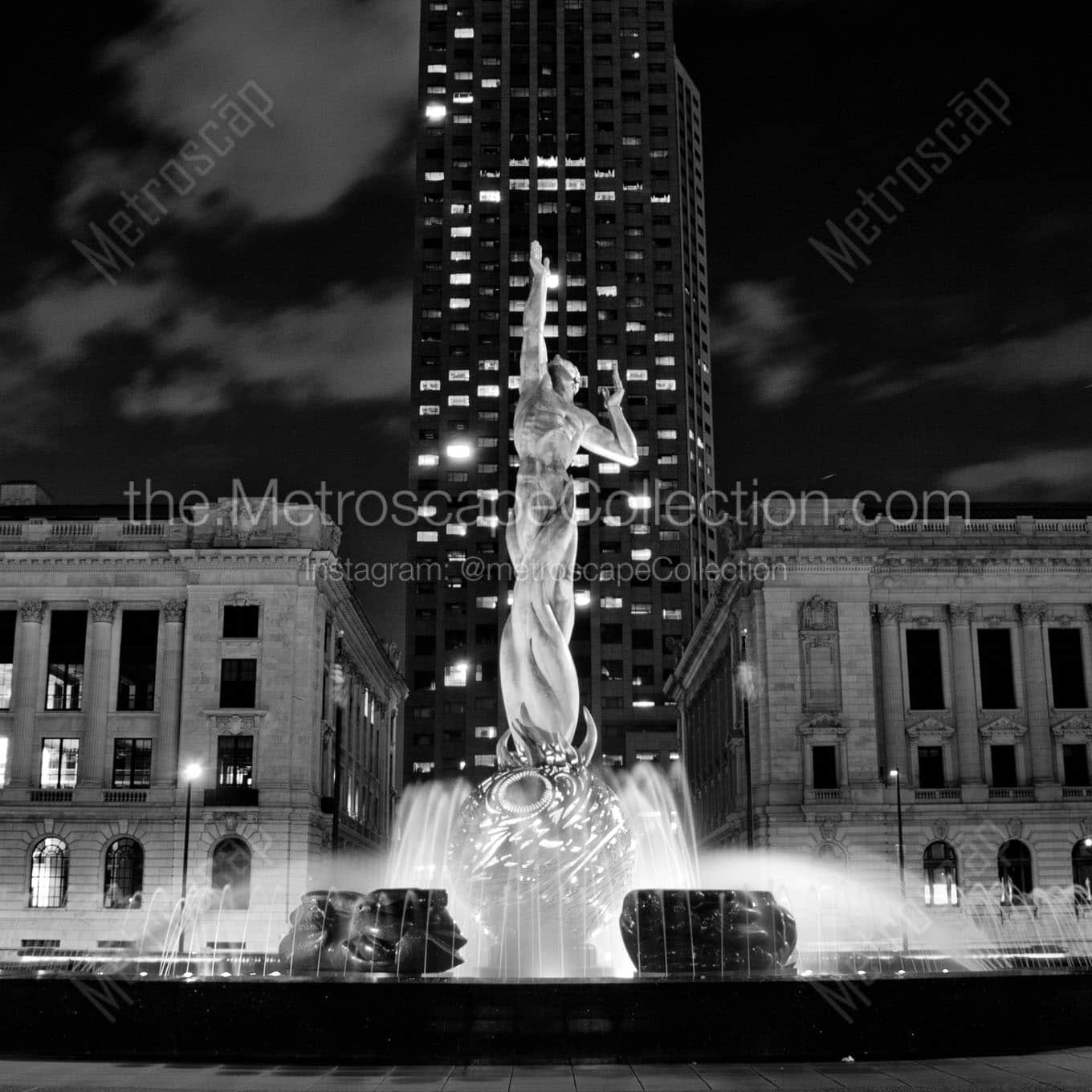 war memorial fountain at night Black & White Office Art