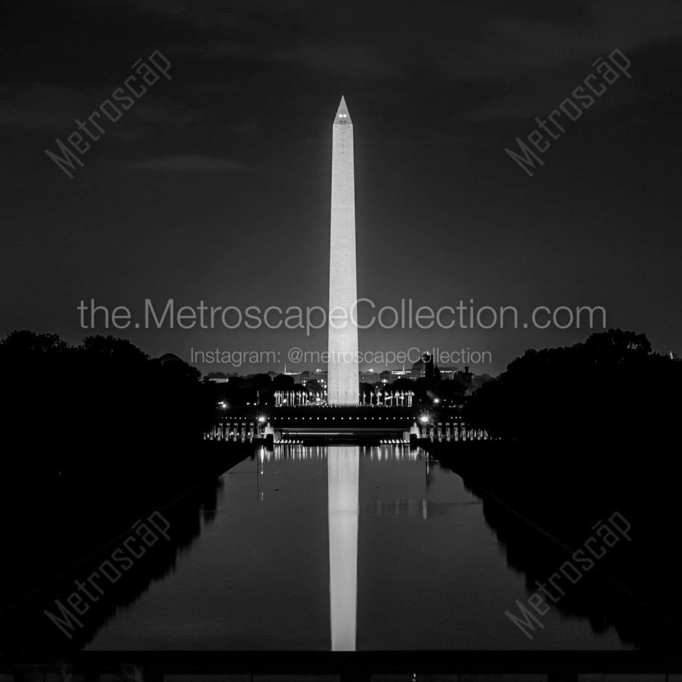 washington monument at night from lincoln memorial Black & White Office Art