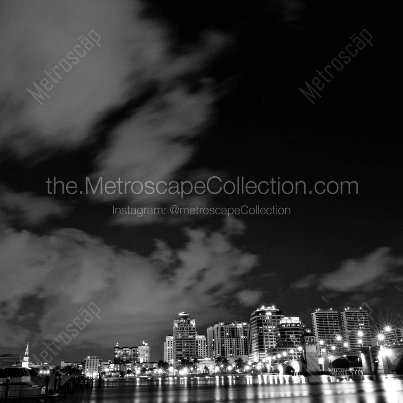 west palm beach skyline intercoastal waterway at night Black & White Office Art