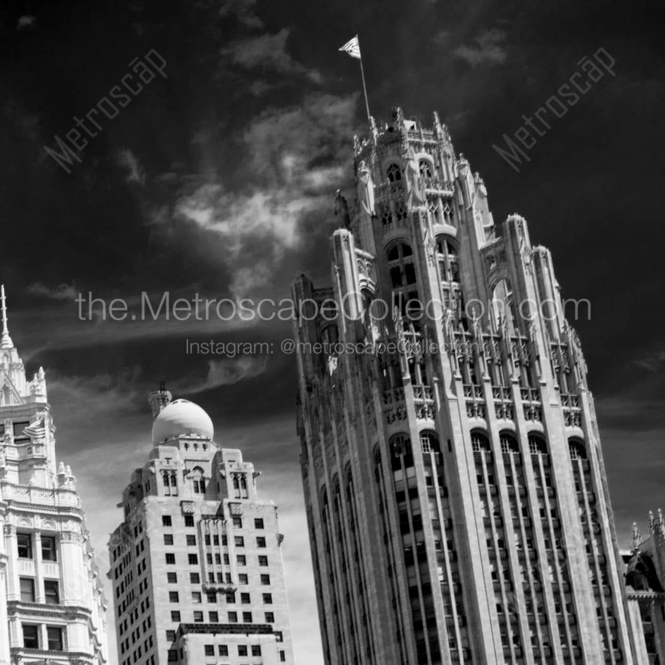 wind whipped us flag atop tribune building Black & White Office Art