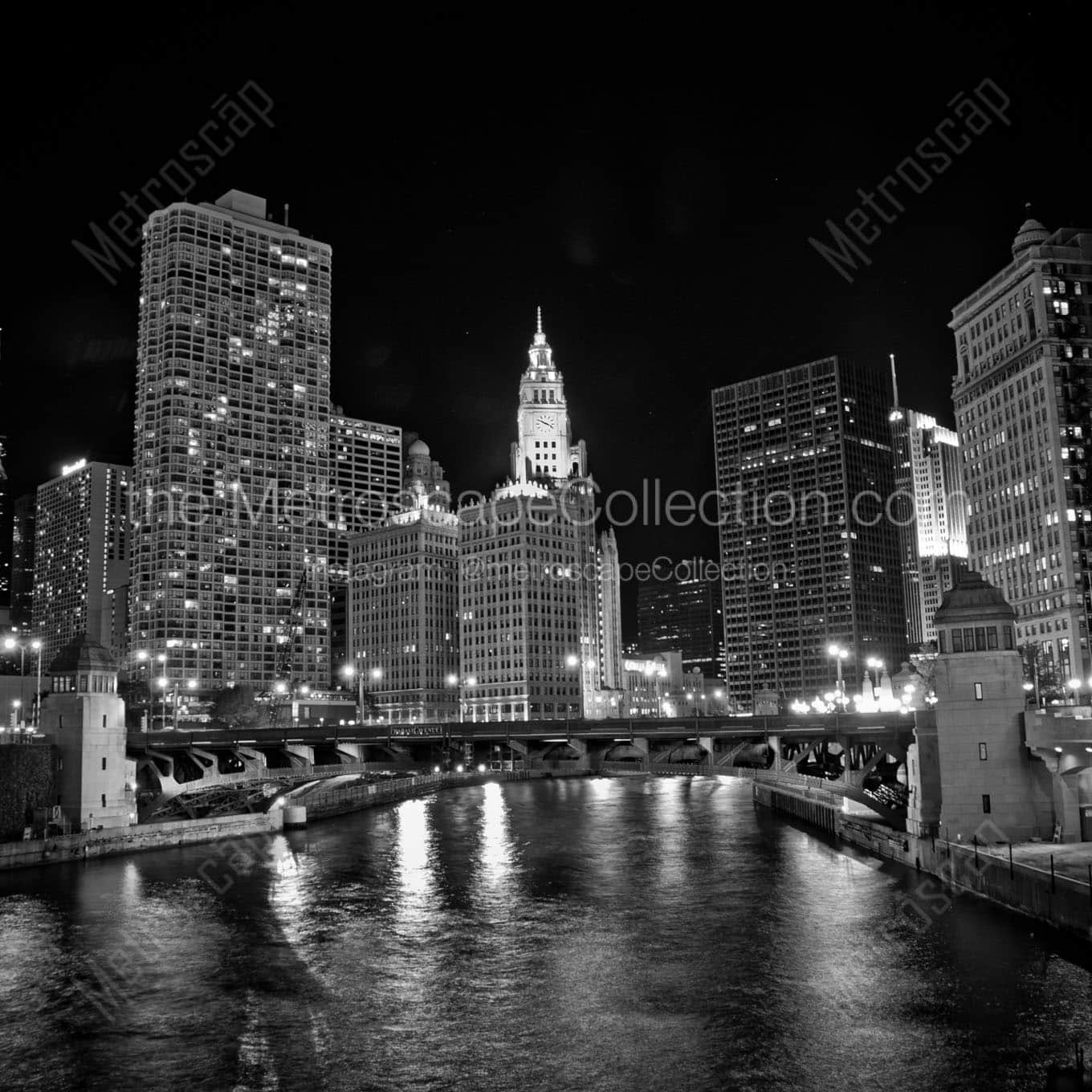 wrigley building and chicago river at night Black & White Office Art