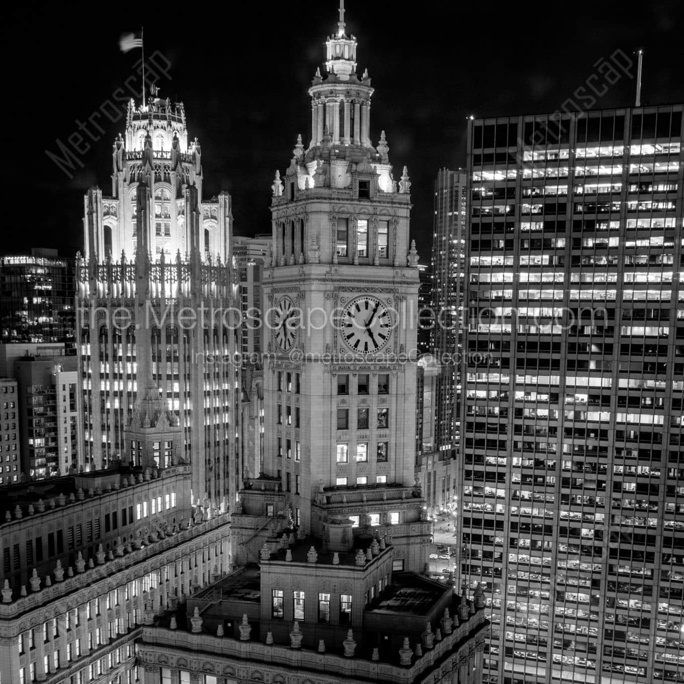 wrigley building clock face at night Black & White Office Art