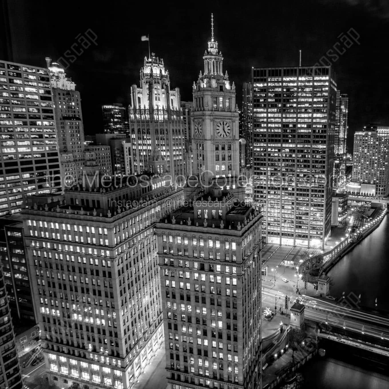 wrigley building tribune building at night Black & White Office Art