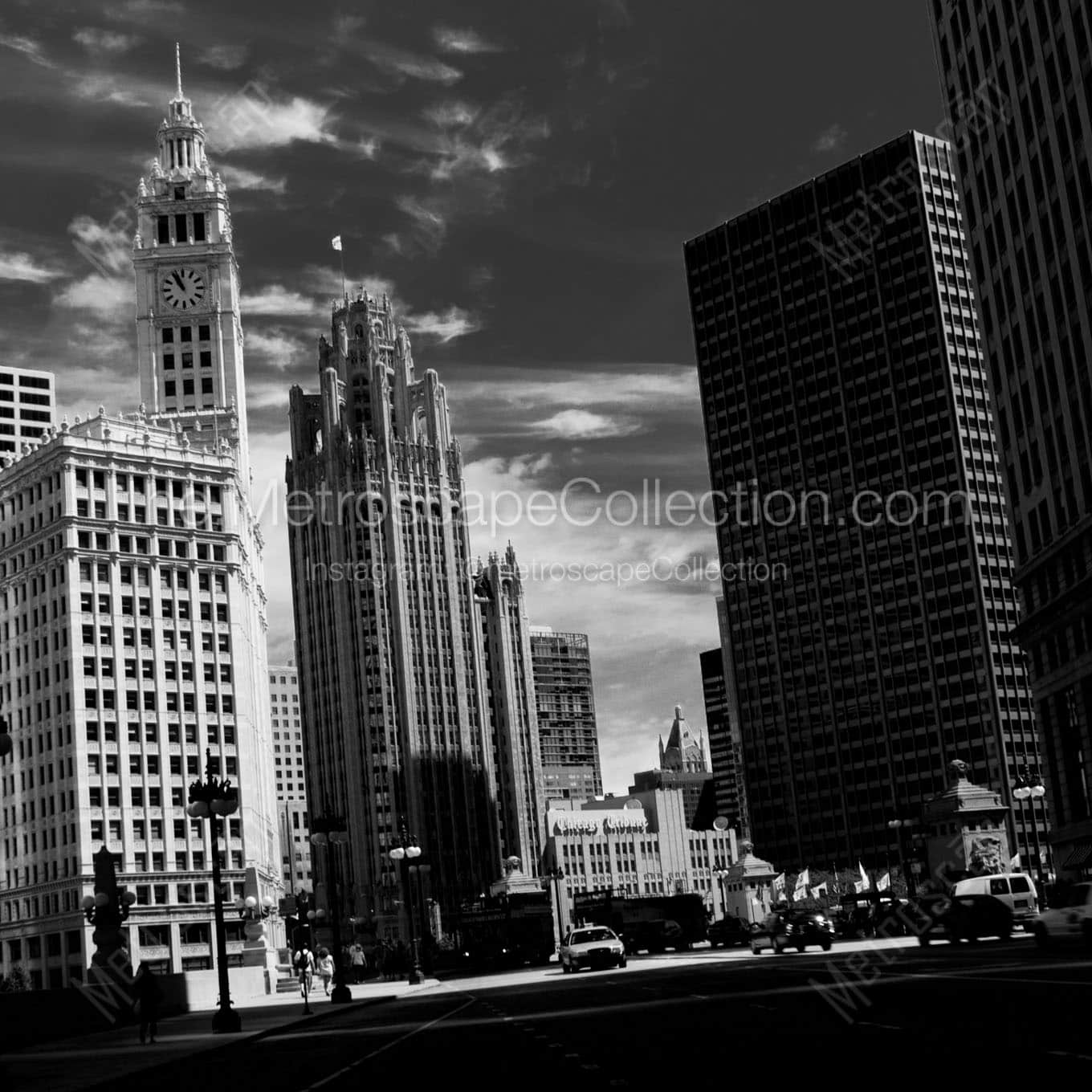 wrigley tribune buildings whispy sky Black & White Office Art